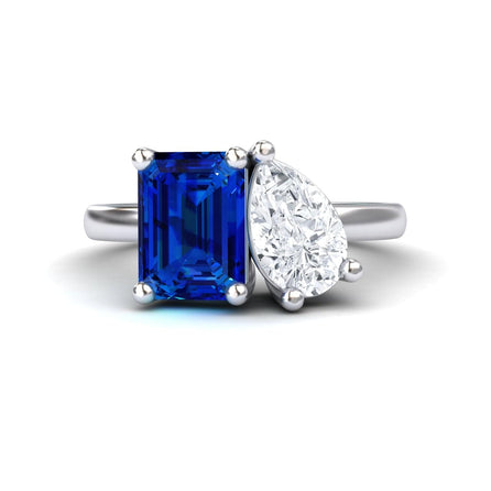 Lab Grown Blue Sapphire & Moissanite Toi et Moi Cocktail Ring - Ellen