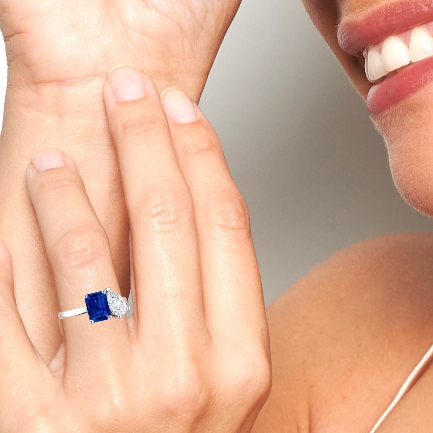 Lab Grown Blue Sapphire & Moissanite Toi et Moi Cocktail Ring - Ellen