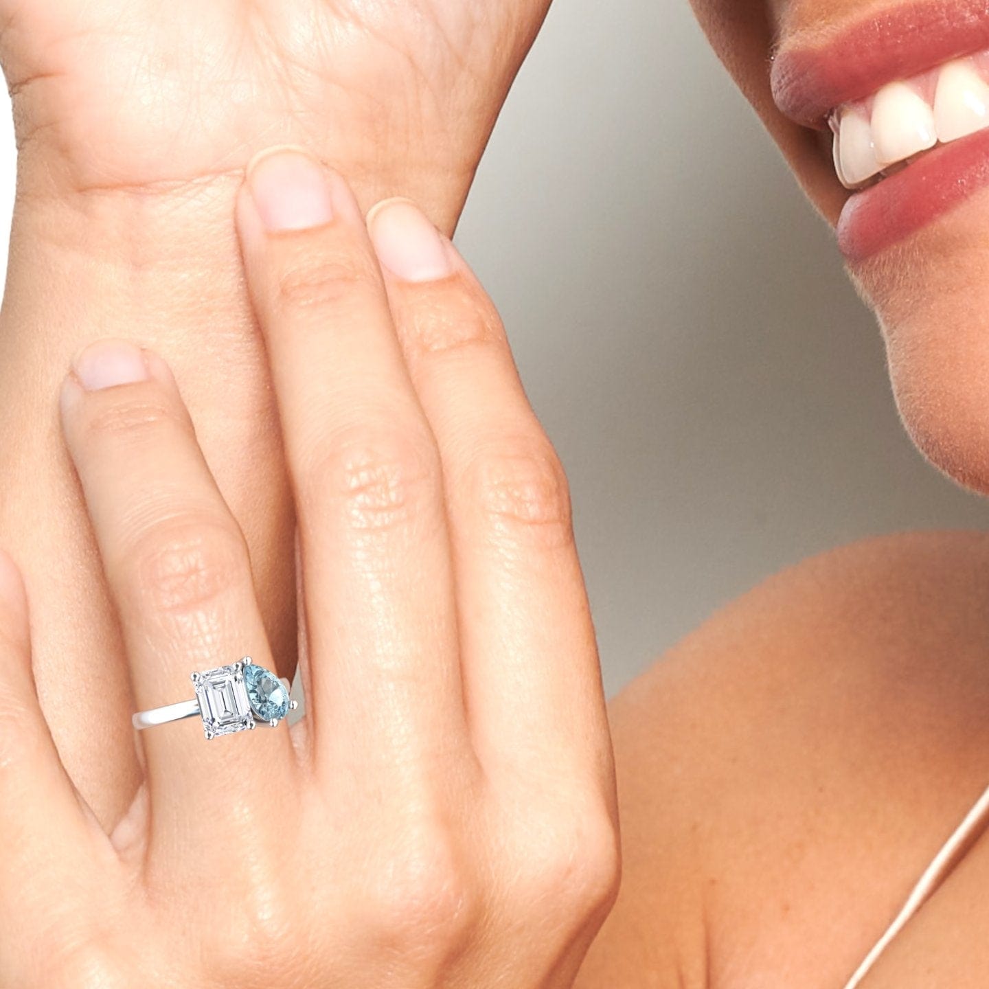 Moissanite & Aquamarine Toi et Moi Cocktail Ring - Ellen