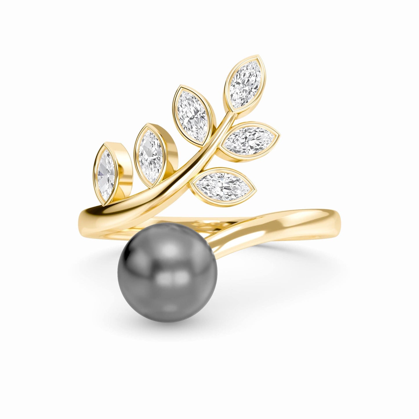Tahitian Pearl & Diamond Leaf Wrap Ring - Ashley