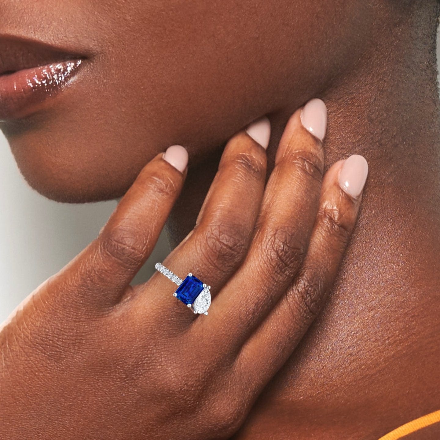Lab Grown Blue Sapphire & Moissanite Toi et Moi Ring - Gauri