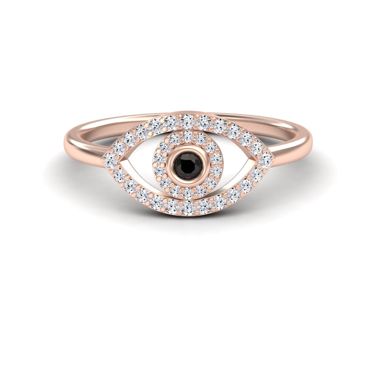 The Black & White Diamond Evil Eye Ring - Hazel is a gold ring with an eye design, featuring a black center stone encircled by small white diamonds.