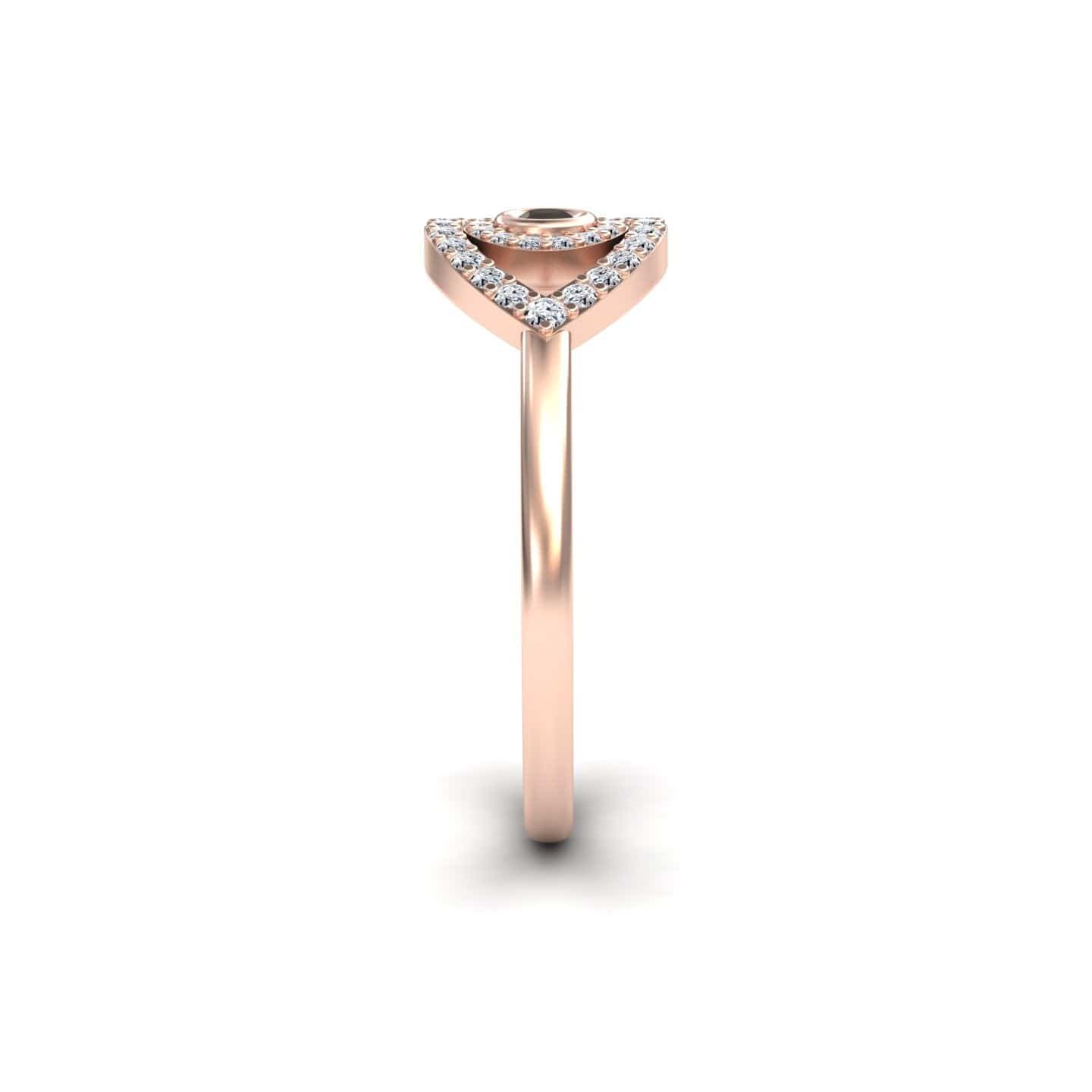 The Black & White Diamond Evil Eye Ring - Hazel features a V-shaped rose gold band with a central round gem and pavé diamonds along the top, displayed on a plain white background.