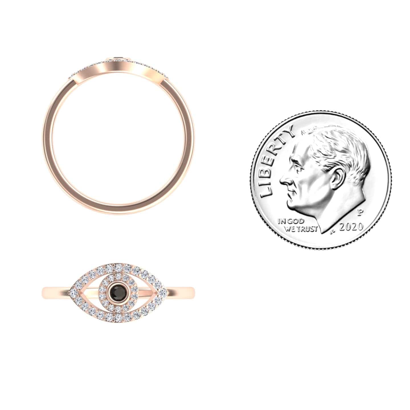 The Black & White Diamond Evil Eye Ring - Hazel is shown from the side and top view next to a U.S. dime, highlighting its eye-shaped design with sparkling diamonds.