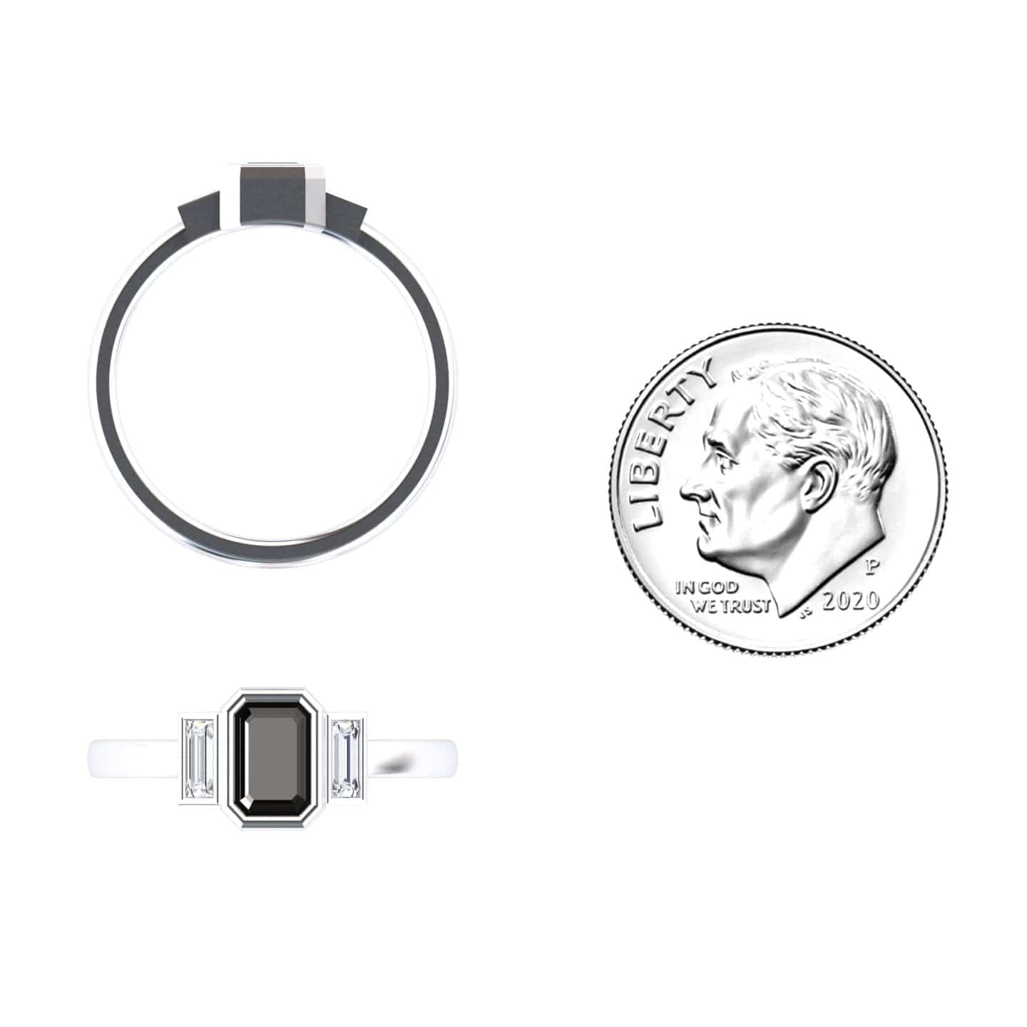 The Black & White Diamond Three-Stone Art Deco Ring - Ivy is shown beside a 2020 US dime from top and side views for size comparison.