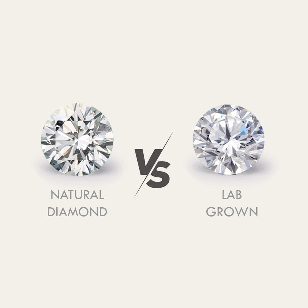 Two diamonds labeled 'Natural Diamond' and 'Lab Grown' on a light gray background.