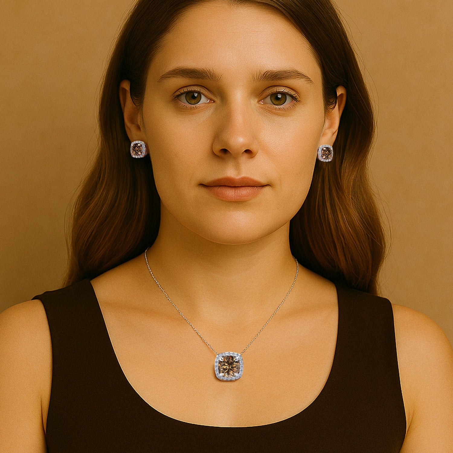 Woman wearing a brown diamond necklace and earrings against a beige background