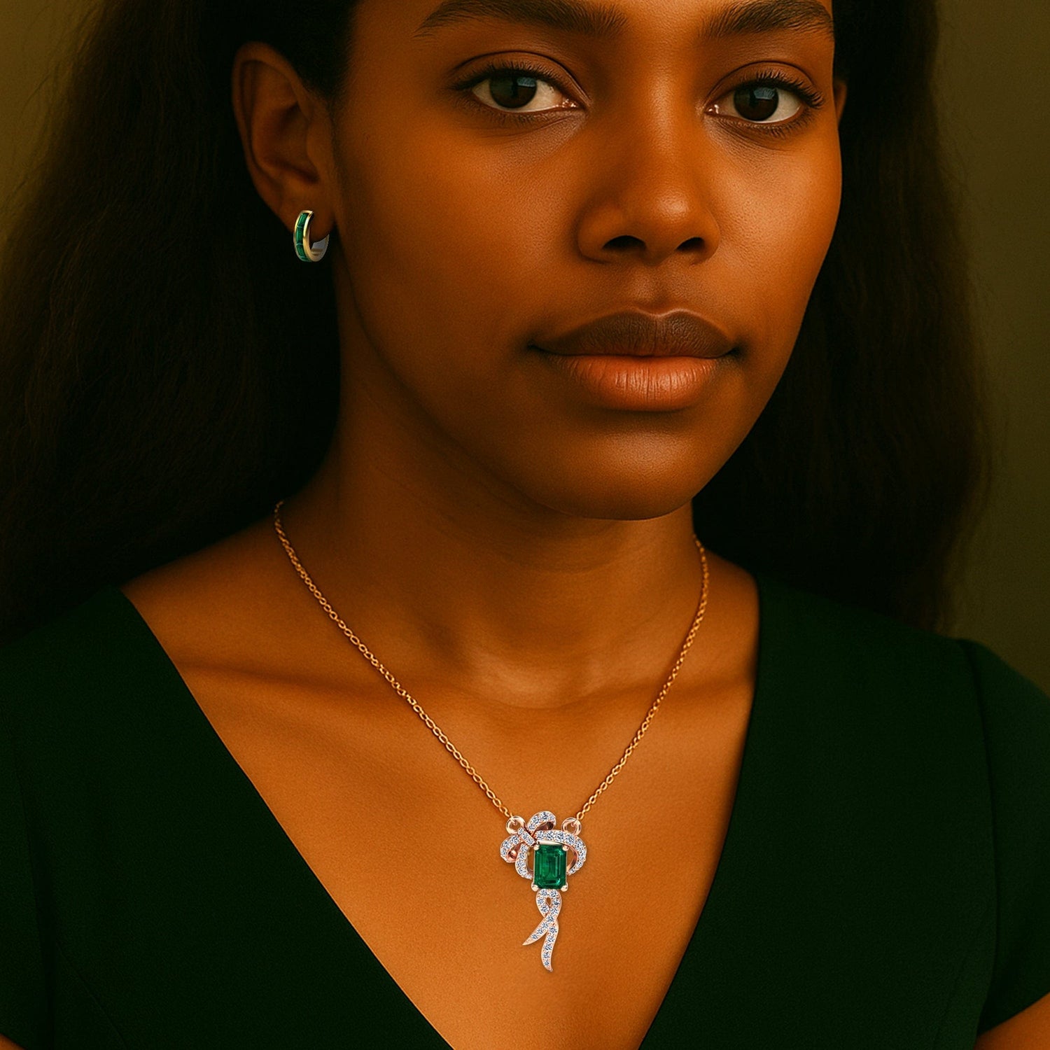 Woman wearing a necklace with an emerald pendant against a dark background