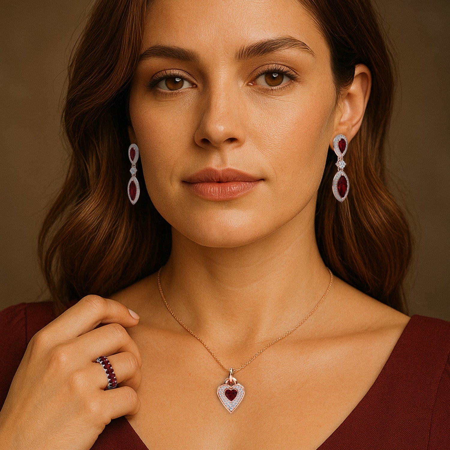 Woman wearing a necklace and earrings with a brown background