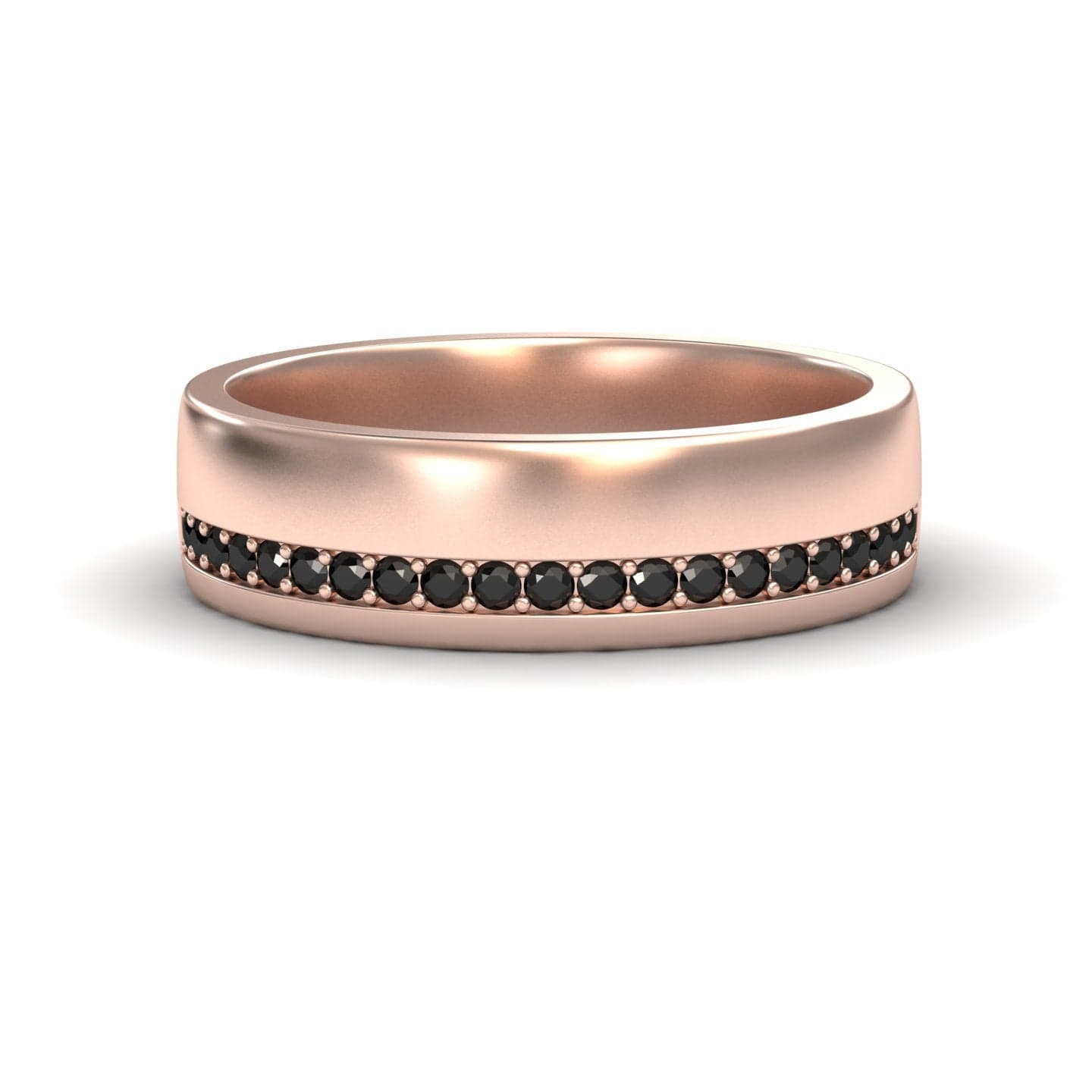The Mens Black Diamond Channel-Set Wedding Band - Yan is a rose gold ring with a matte finish, featuring a single row of small, round black diamonds set around the center.