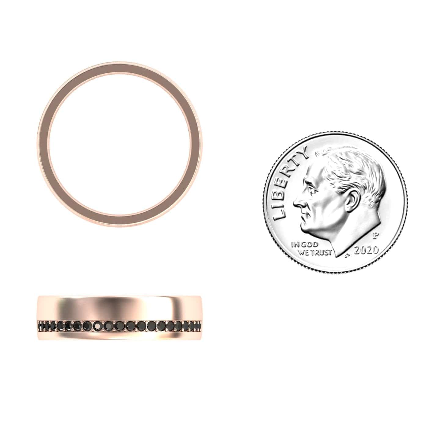 The Mens Black Diamond Channel-Set Wedding Band - Yan is displayed from the top and side views next to a 2020 U.S. dime, highlighting its rose gold finish and row of black diamonds for size reference.