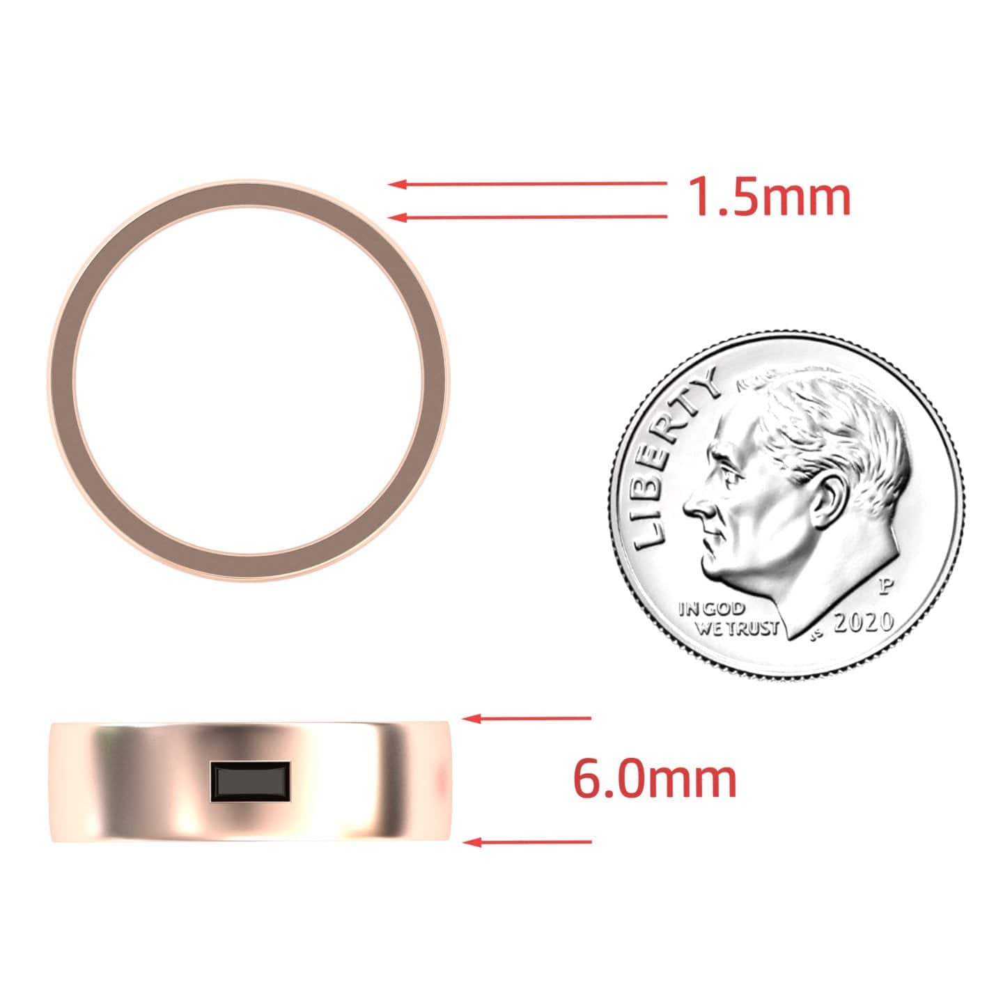 The Black Diamond Solitaire Men’s Band Ring - Nayana is shown next to a U.S. dime for scale, with red arrows indicating its 1.5mm thickness and 6.0mm width. The ring appears in both top and side views.