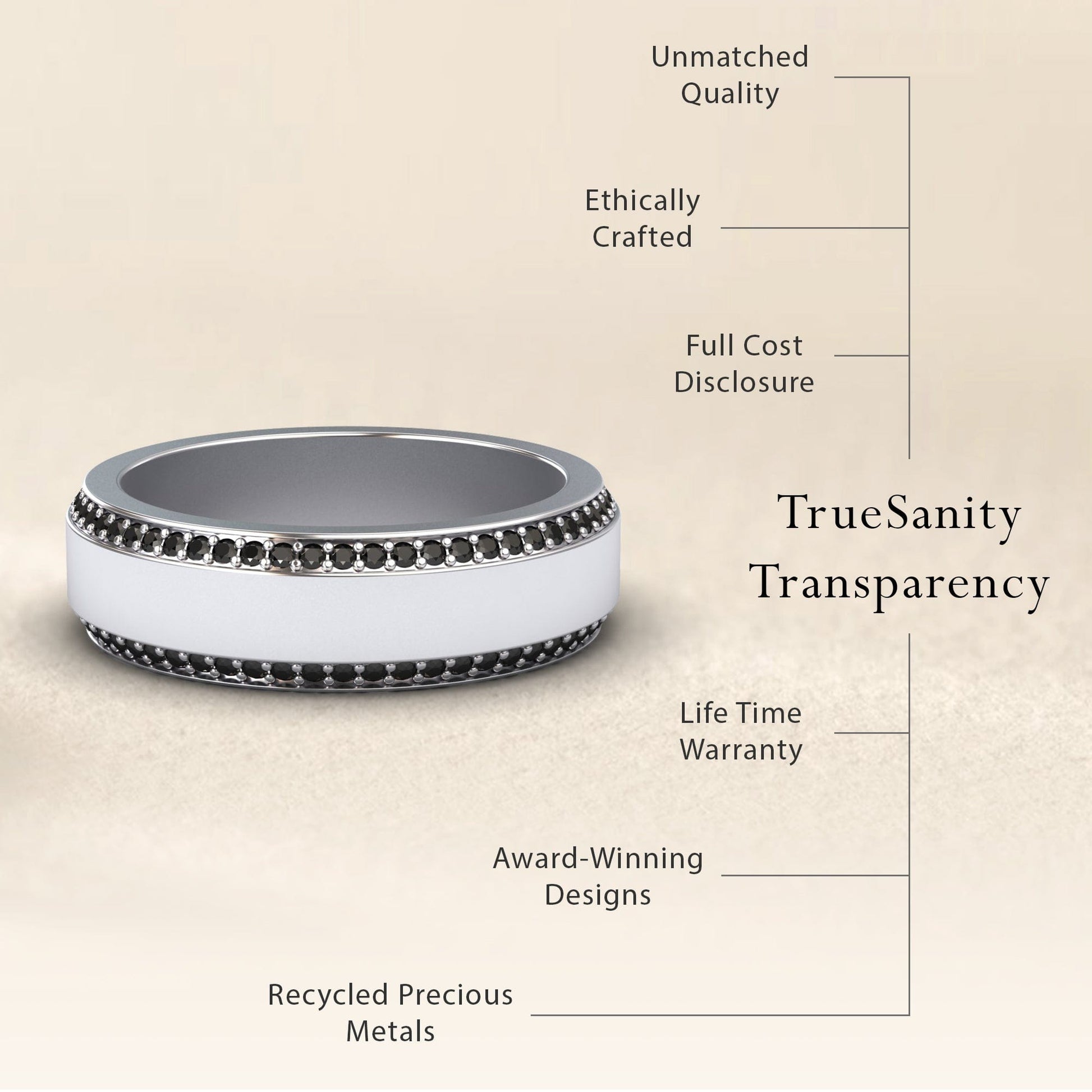 The Black Diamond 6mm Eternity Wedding Ring - Caleb is showcased, with text noting its unmatched quality, ethical craftsmanship, cost transparency, lifetime warranty, award-winning design, and use of recycled precious metals.