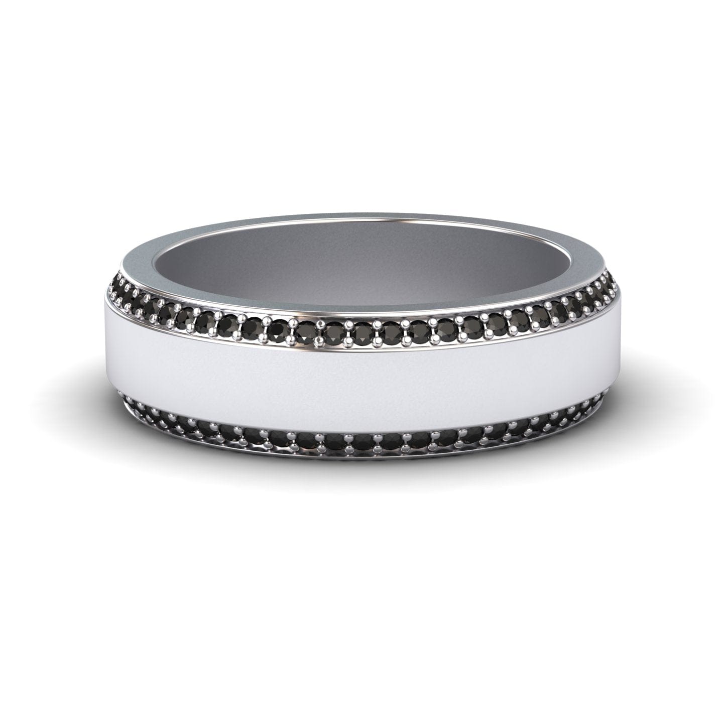 The Black Diamond 6mm Eternity Wedding Ring - Caleb features a wide silver band with two rows of small black stones along the edges and a smooth, polished center.