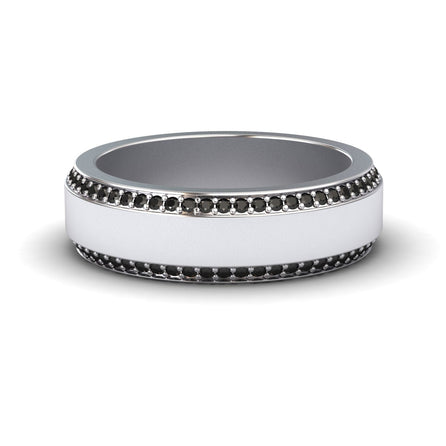 The Black Diamond 6mm Eternity Wedding Ring - Caleb features a wide silver band with two rows of small black stones along the edges and a smooth, polished center.