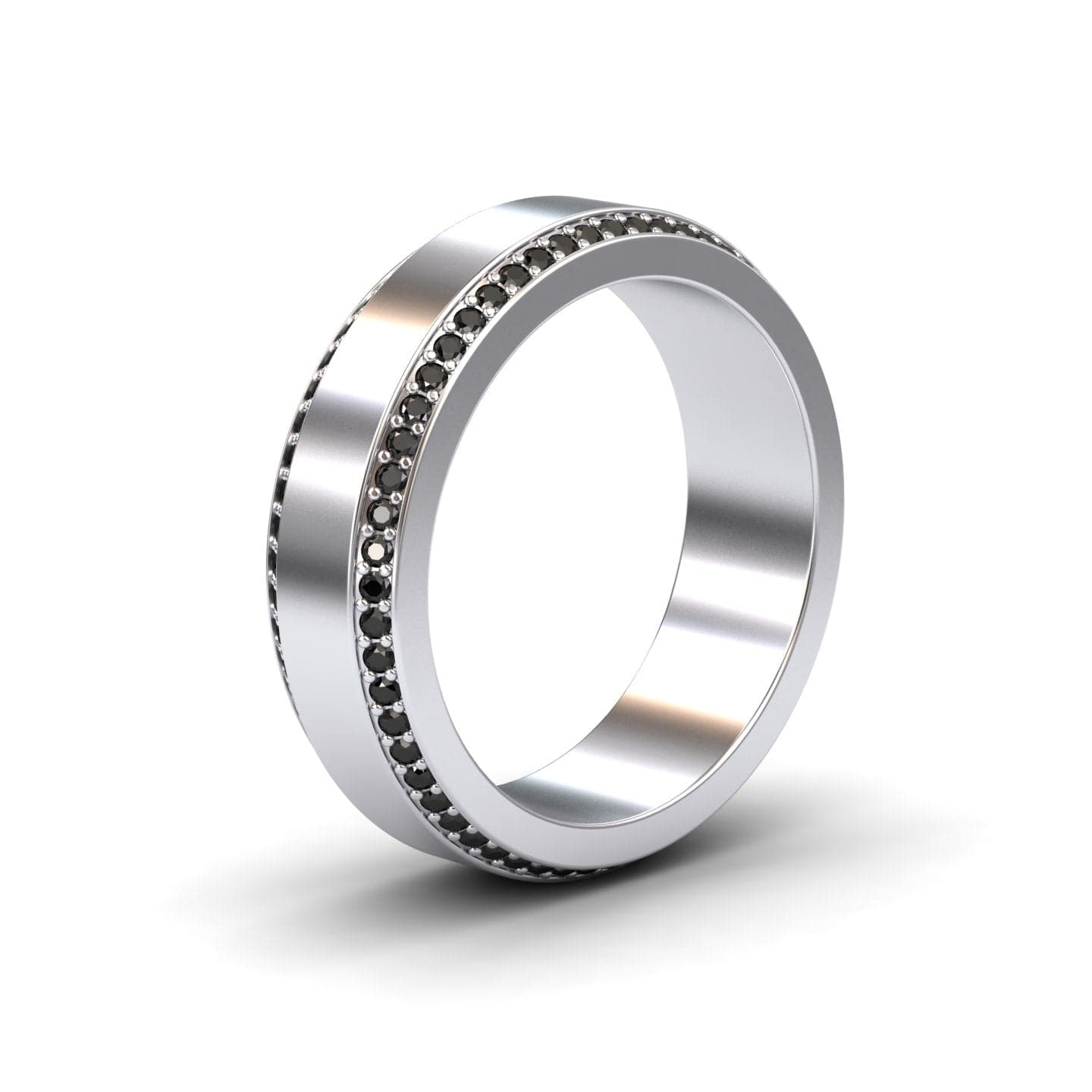 The Black Diamond 6mm Eternity Wedding Ring - Caleb is a silver ring with a single row of small black stones encircling its edge, displayed on a white background.