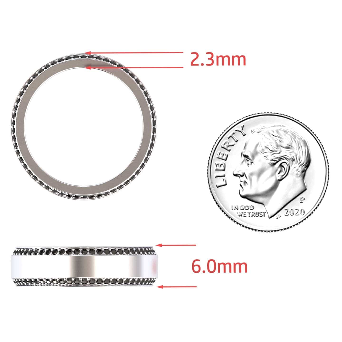 Three views of the Black Diamond 6mm Eternity Wedding Ring - Caleb: top view (2.3mm thickness), side view (6.0mm width), and a 2020 U.S. dime for size reference.