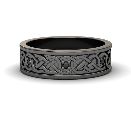 The Li Mei Black Diamond Celtic Knot Wedding Band features an intricate Celtic knot pattern engraved around the band, shown on a white background.