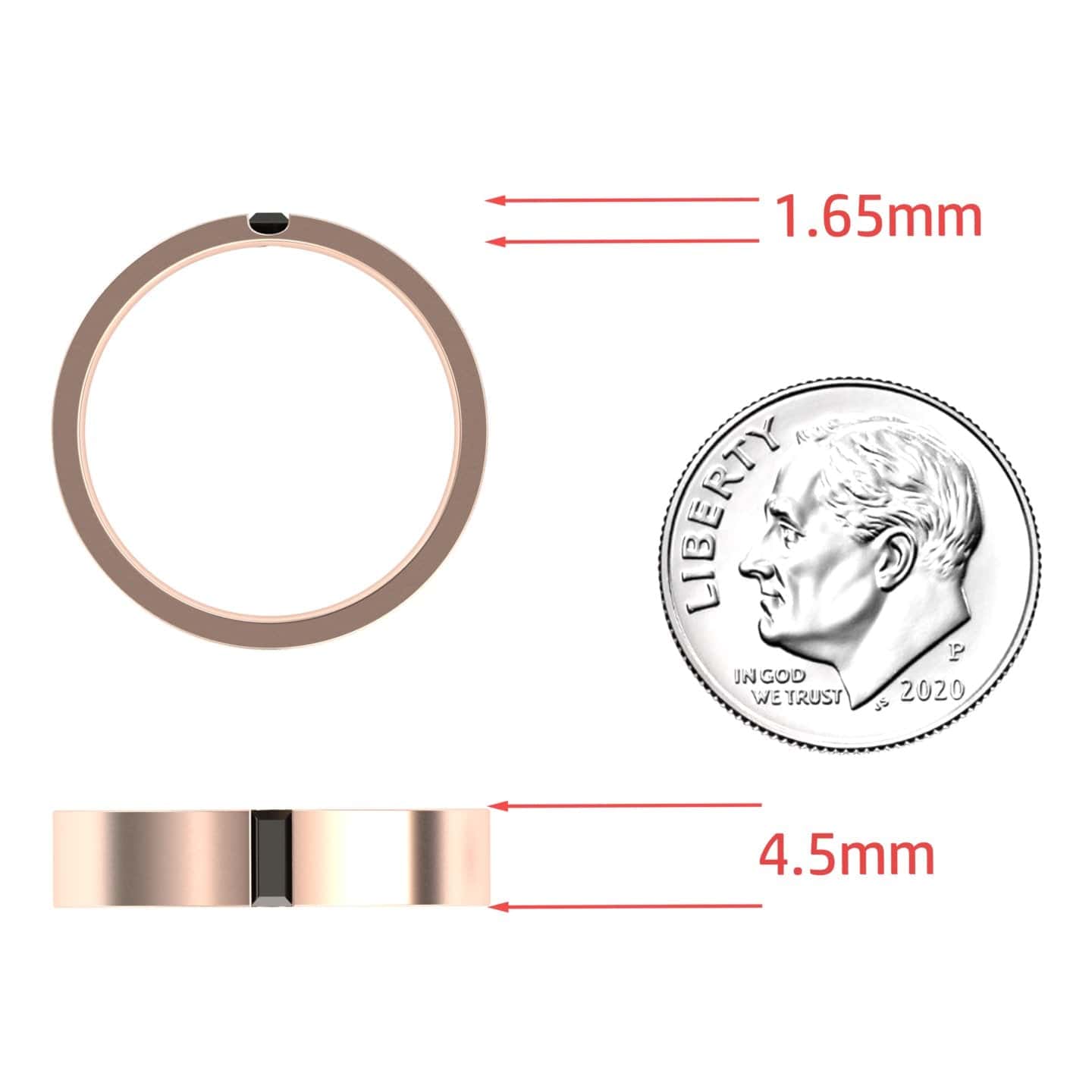 The Black Diamond 4.5mm Mens Band Wedding Ring - Hudson in rose gold is shown beside a 2020 U.S. dime marked “LIBERTY” for size. Red arrows note the ring’s thickness as 1.65mm and width as 4.5mm.