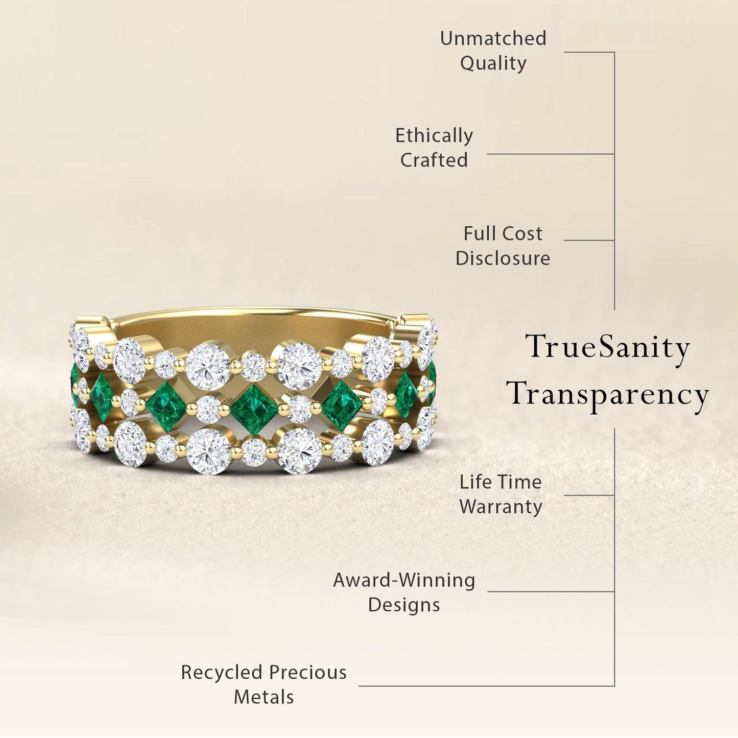 0.39-carat Emerald & Diamond Lace Band Ring in 14K yellow gold, Victoria style, transparency view
