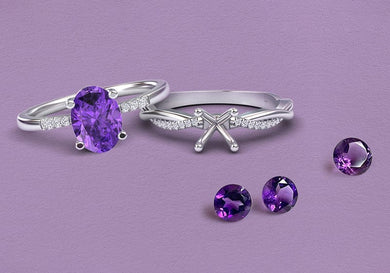 Silver rings with purple gemstones on a purple background