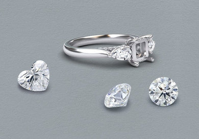 Lab Grown Diamond ring and earrings on a gray background