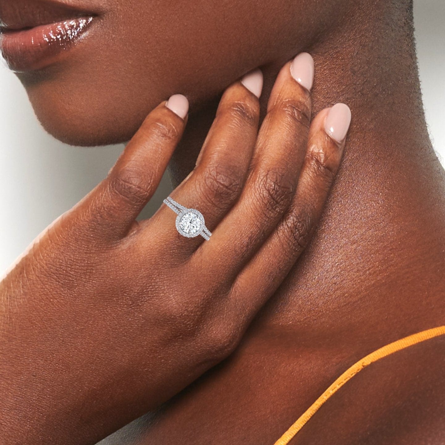 White Diamond Halo Bridal Ring Set Engagement Ring - Linlin