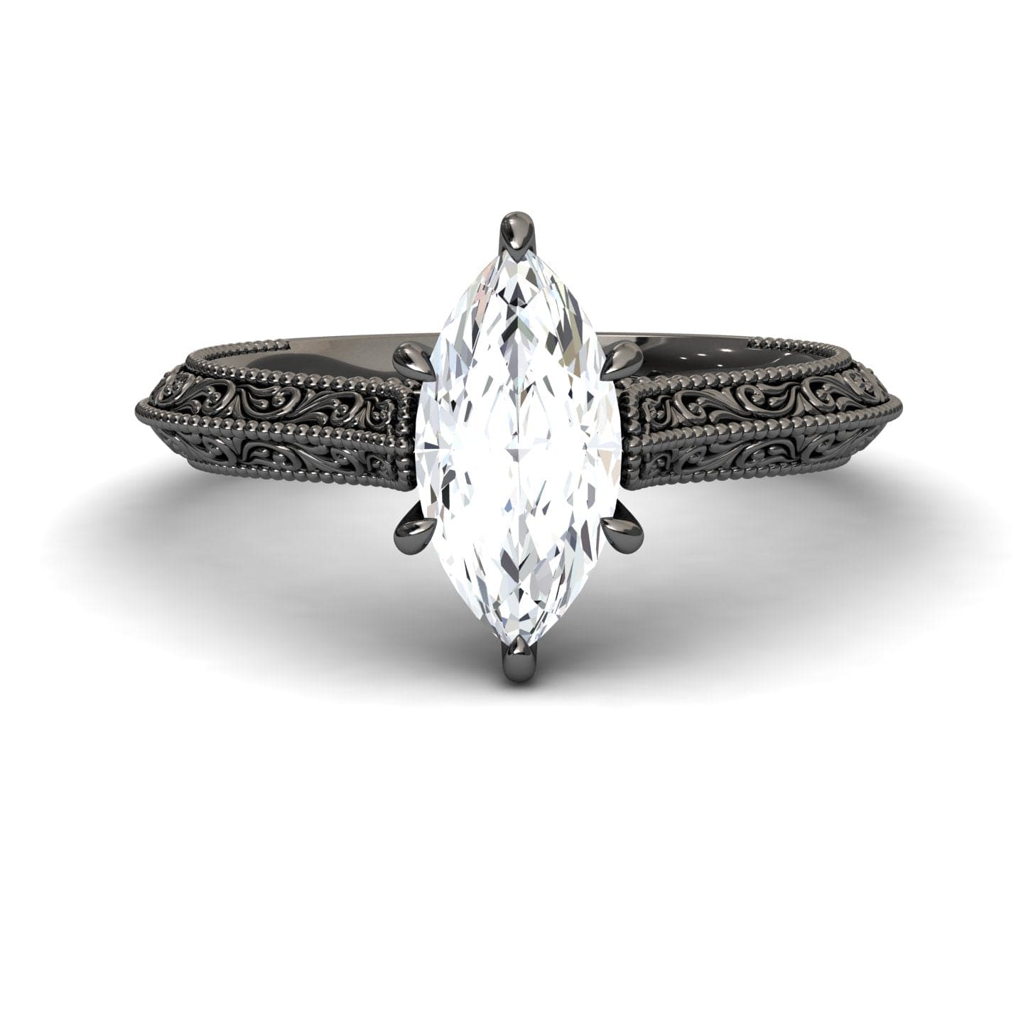 White Diamond Vintage Scroll Engraved Solitaire Engagement Ring - Claudia