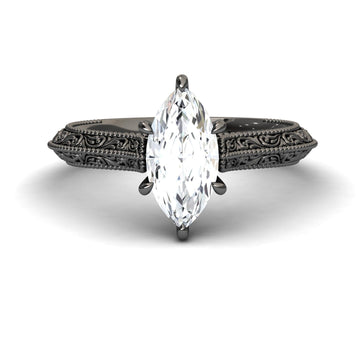 White Diamond Vintage Scroll Engraved Solitaire Engagement Ring - Claudia