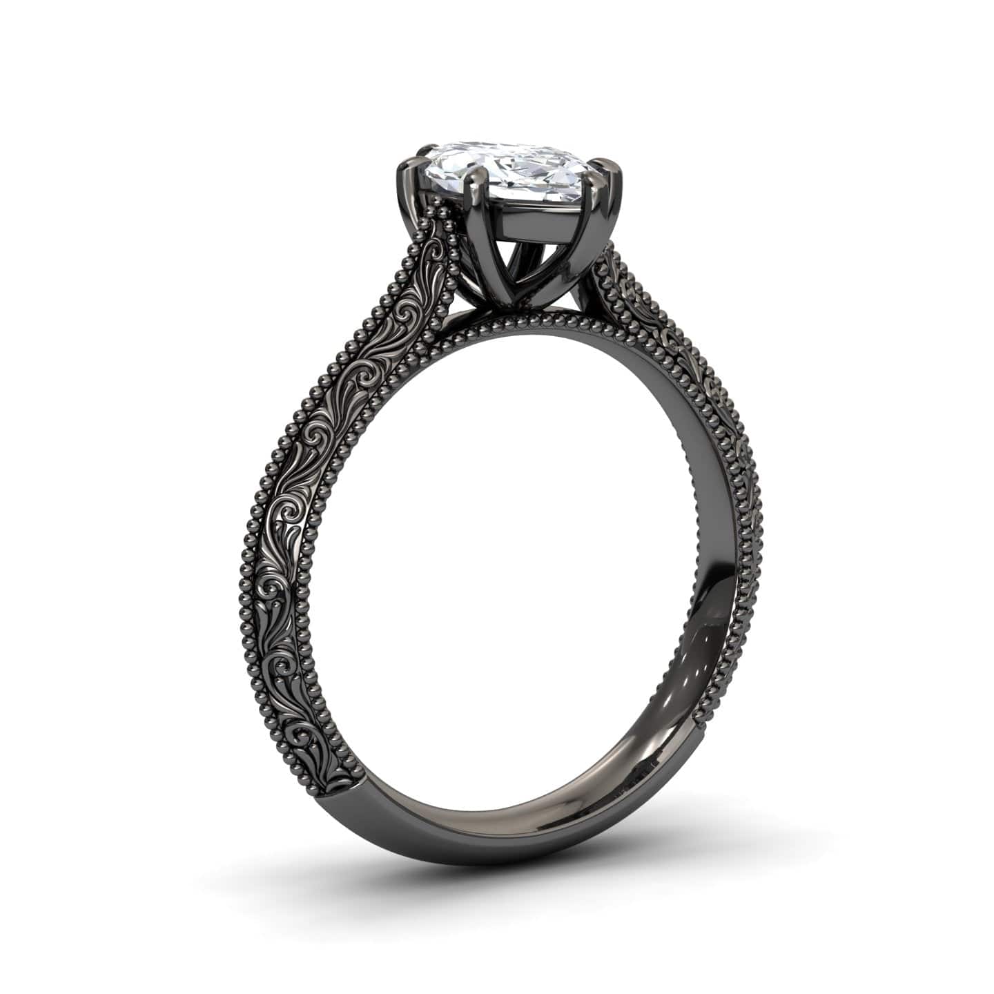 White Diamond Vintage Scroll Engraved Solitaire Engagement Ring - Claudia