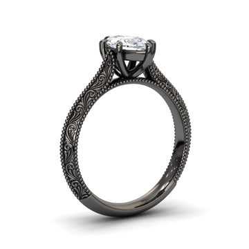 White Diamond Vintage Scroll Engraved Solitaire Engagement Ring - Claudia