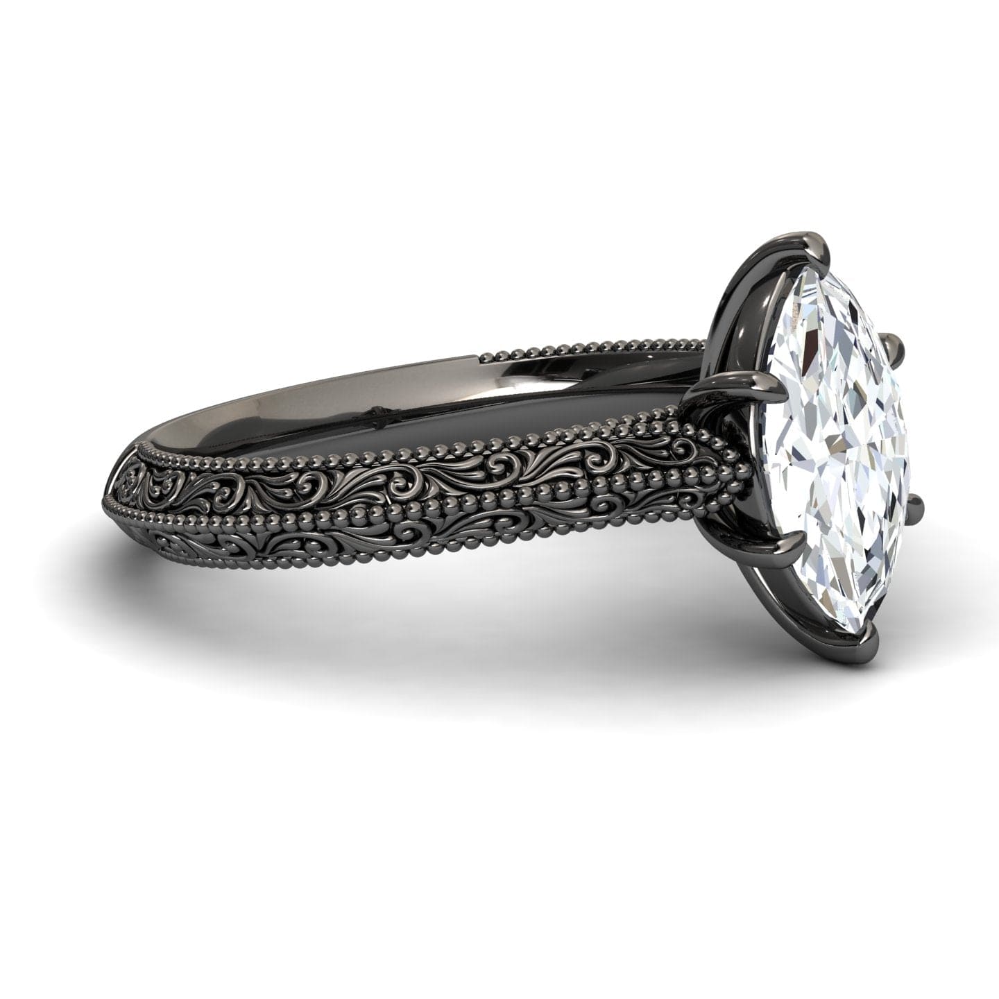 White Diamond Vintage Scroll Engraved Solitaire Engagement Ring - Claudia