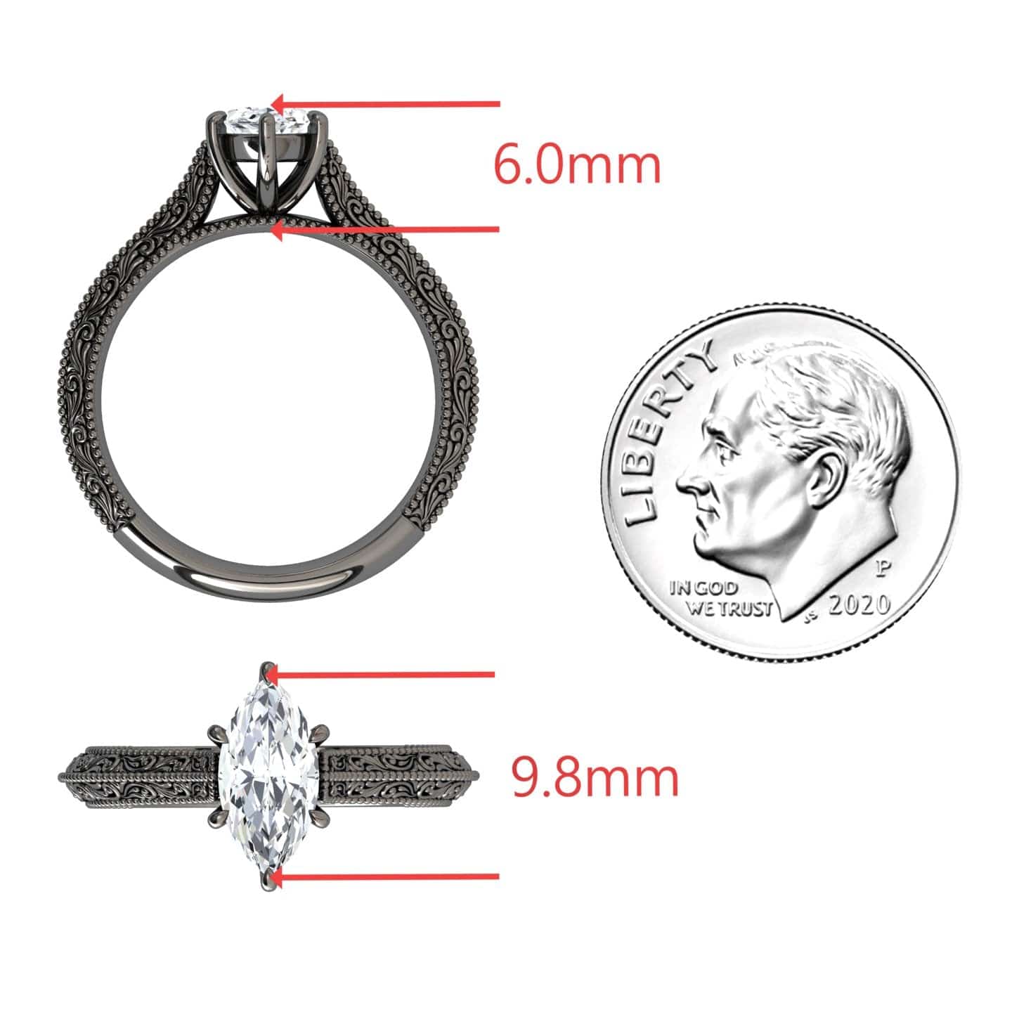 White Diamond Vintage Scroll Engraved Solitaire Engagement Ring - Claudia