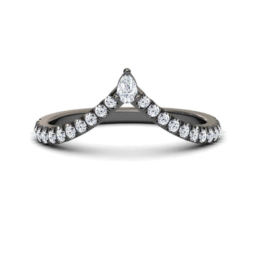 The White Diamond Classic Chevron Wedding Band - Mei-Lin features a V-shaped white gold band adorned with small round diamonds and highlighted by a marquise-cut diamond at the center of the V.