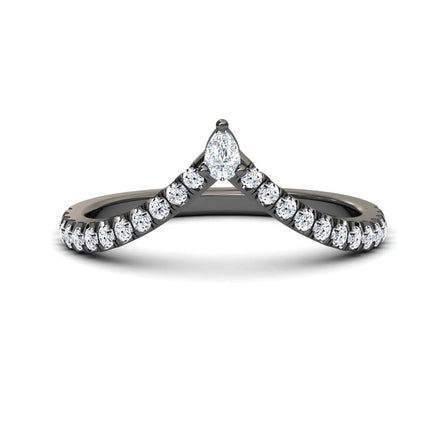The White Diamond Classic Chevron Wedding Band - Mei-Lin features a V-shaped white gold band adorned with small round diamonds and highlighted by a marquise-cut diamond at the center of the V.