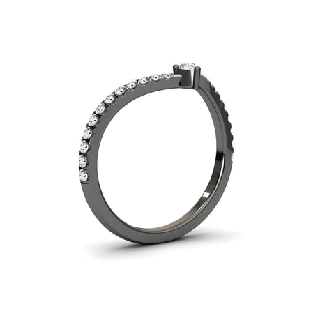 The White Diamond Classic Chevron Wedding Band - Mei-Lin features a sleek black metal band with a chevron row of small round diamonds and a central larger prong-set diamond, shown against a white background.