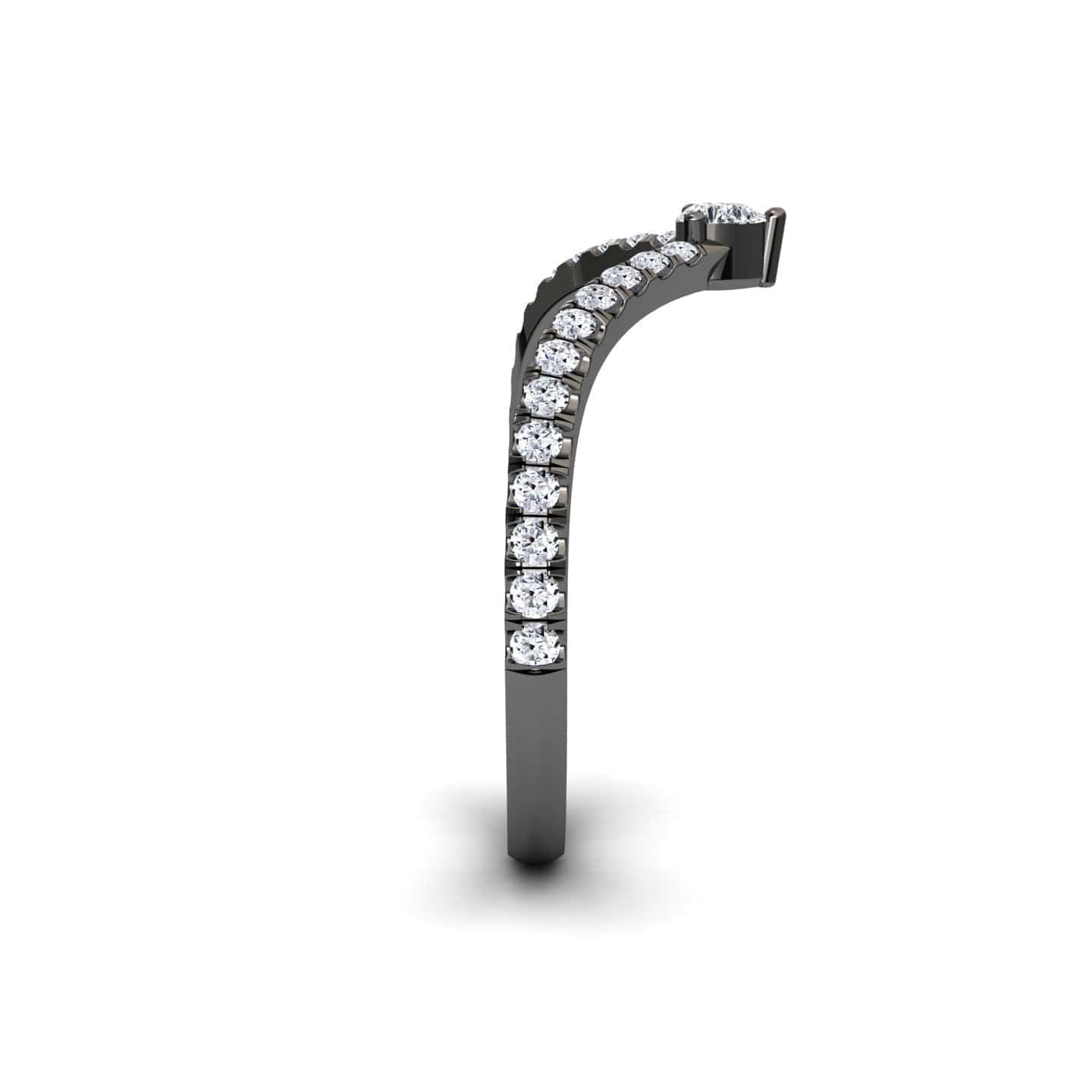 A side view of the Mei-Lin White Diamond Classic Chevron Wedding Band showcases a black metal band with a curved chevron design, set with round white diamonds along the top half leading to a prong center setting.