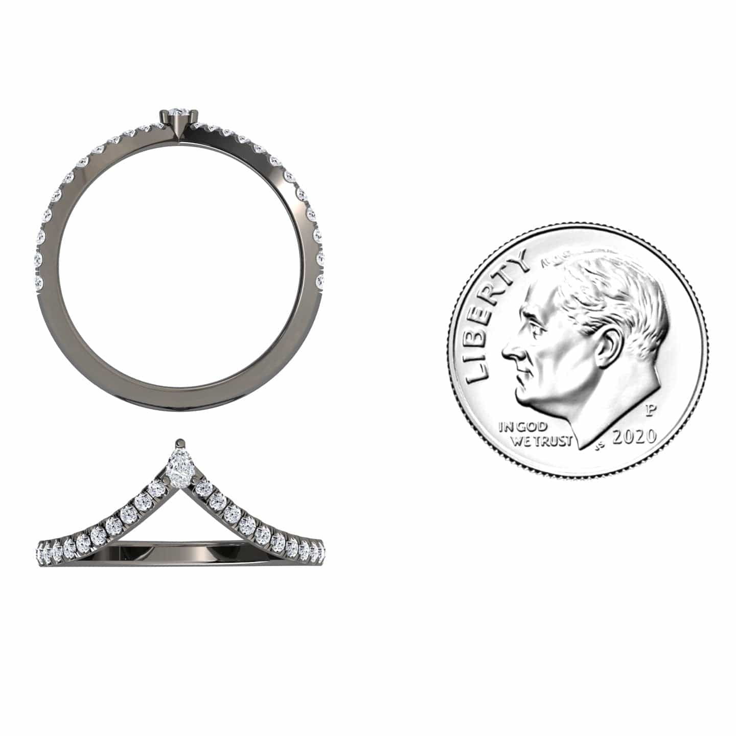 The Mei-Lin White Diamond Classic Chevron Wedding Band is shown from the side and front, beside a 2020 U.S. dime for size. The band features small diamonds set along a graceful V-shaped chevron design.