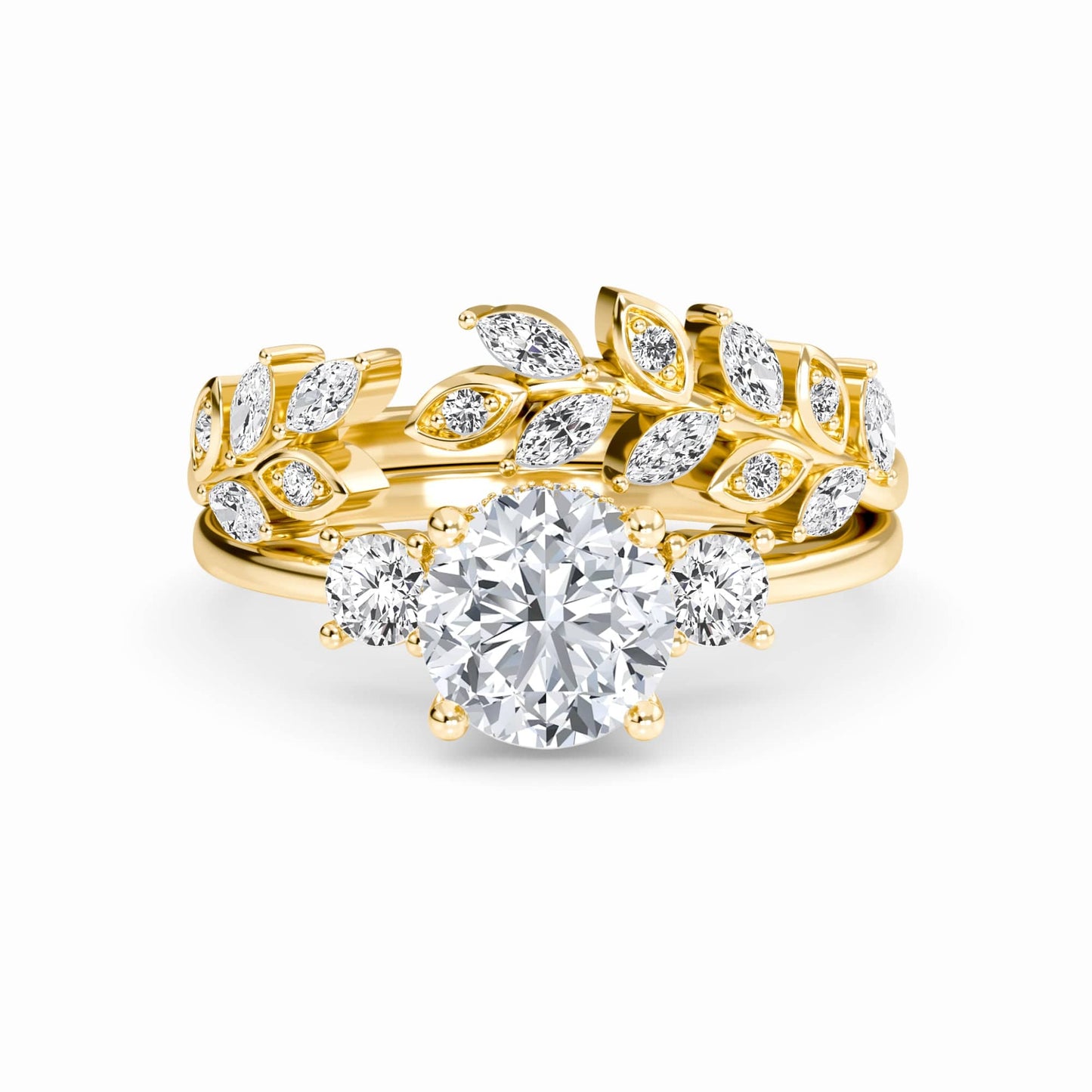 White Diamond Floral Hidden Halo Three Stone Bridal Engagement Ring - Rachel