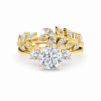 White Diamond Floral Hidden Halo Three Stone Bridal Engagement Ring - Rachel