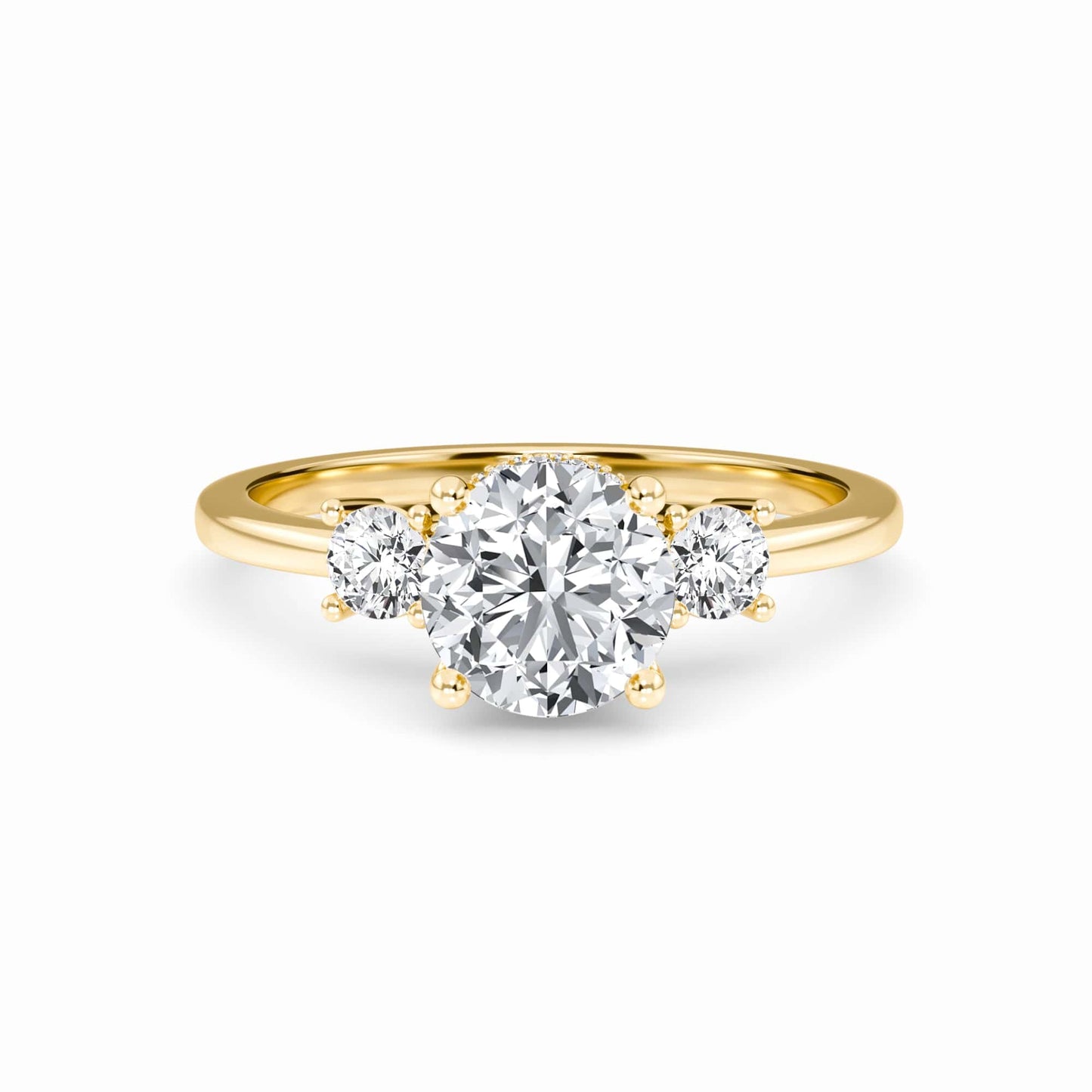 White Diamond Floral Hidden Halo Three Stone Bridal Engagement Ring - Rachel