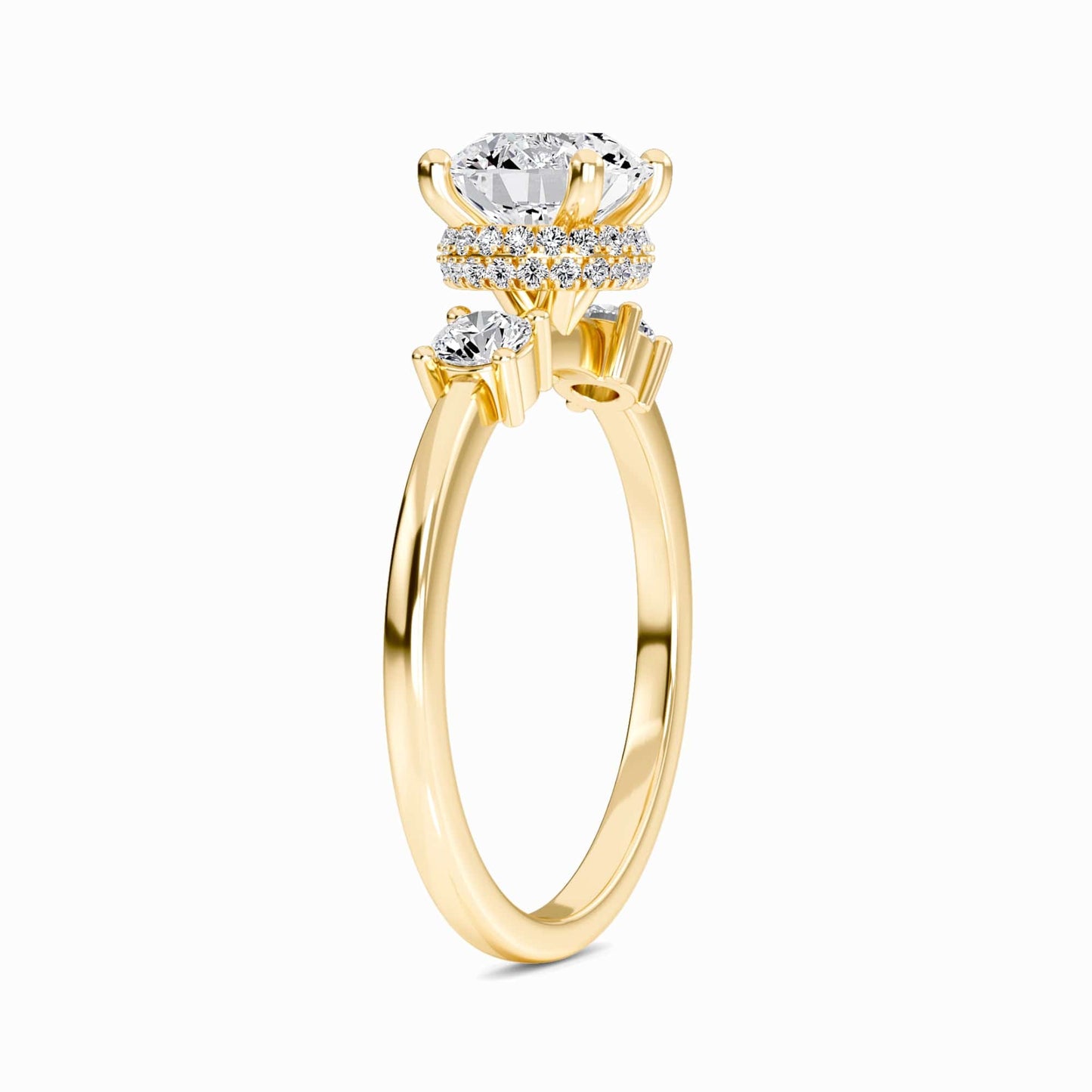 White Diamond Floral Hidden Halo Three Stone Bridal Engagement Ring - Rachel