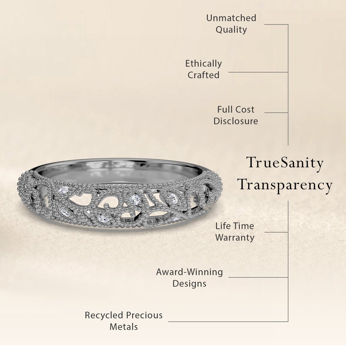 White Diamond Vintage Milgrain Wedding Band - Lian
