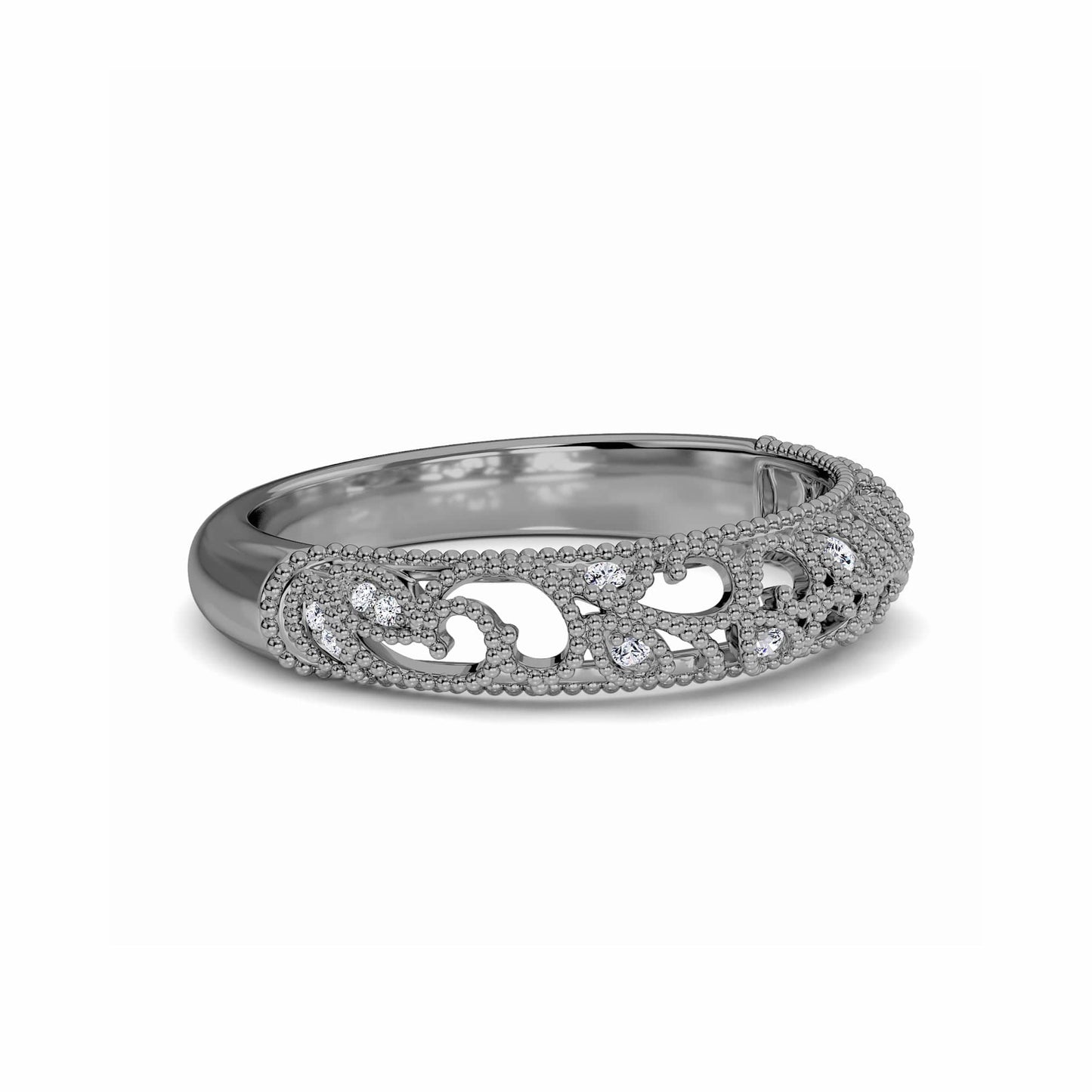 White Diamond Vintage Milgrain Wedding Band - Lian