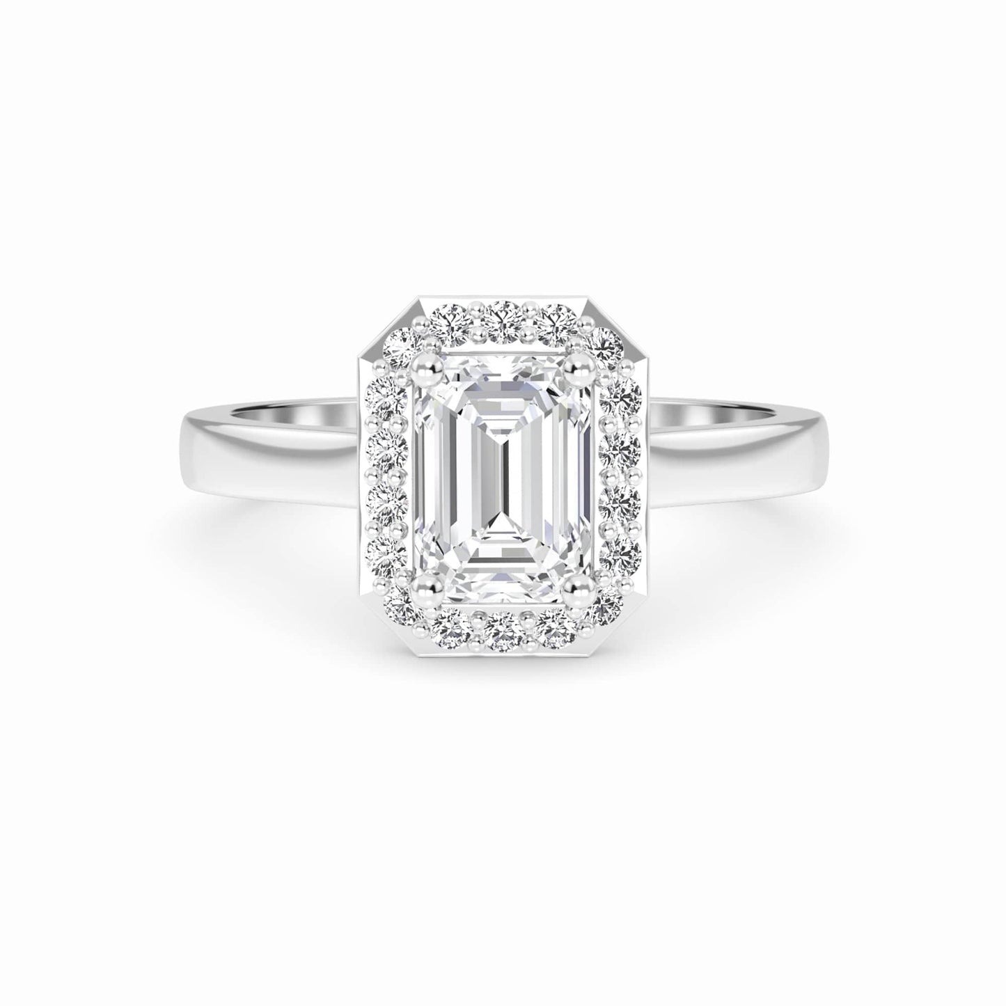 White Diamond Classic Halo Engagement Ring - Harperly - 18K White Gold - 0.290 Carat Emerald Diamond