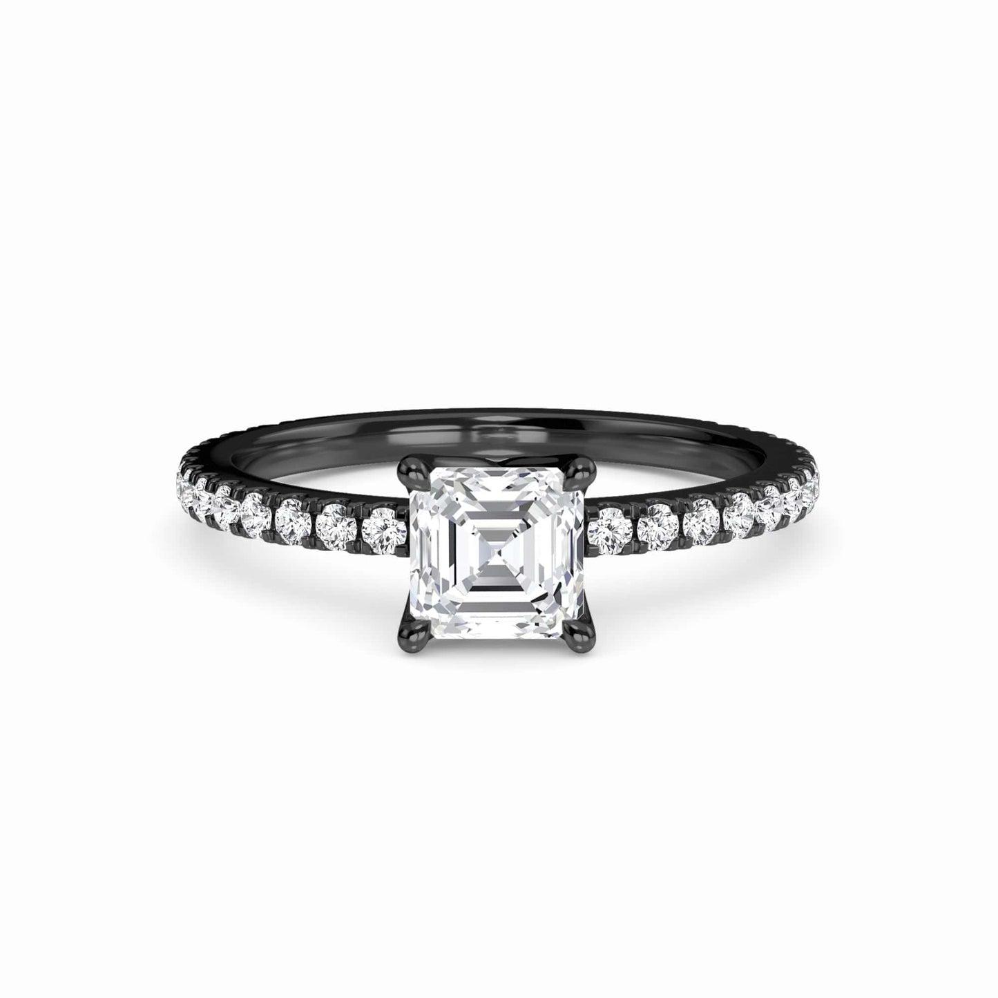 White Diamond Pave Set Four-Prong Solitaire Engagement Ring - Brynlee - 18K Blackened Gold - 0.500 Carat Asscher Diamond