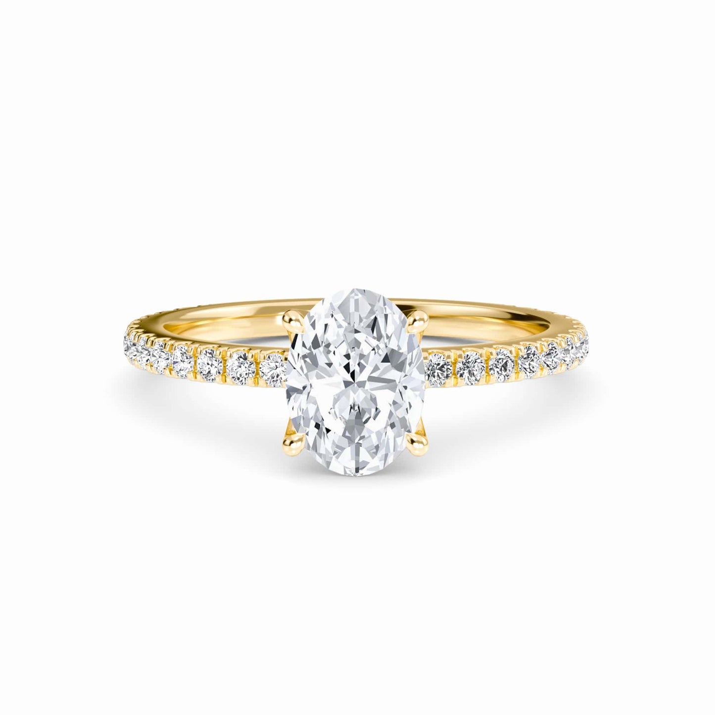 White Diamond Pave Set Four-Prong Solitaire Engagement Ring - Brynlee - 18K Yellow Gold - 0.200 Carat Oval Diamond