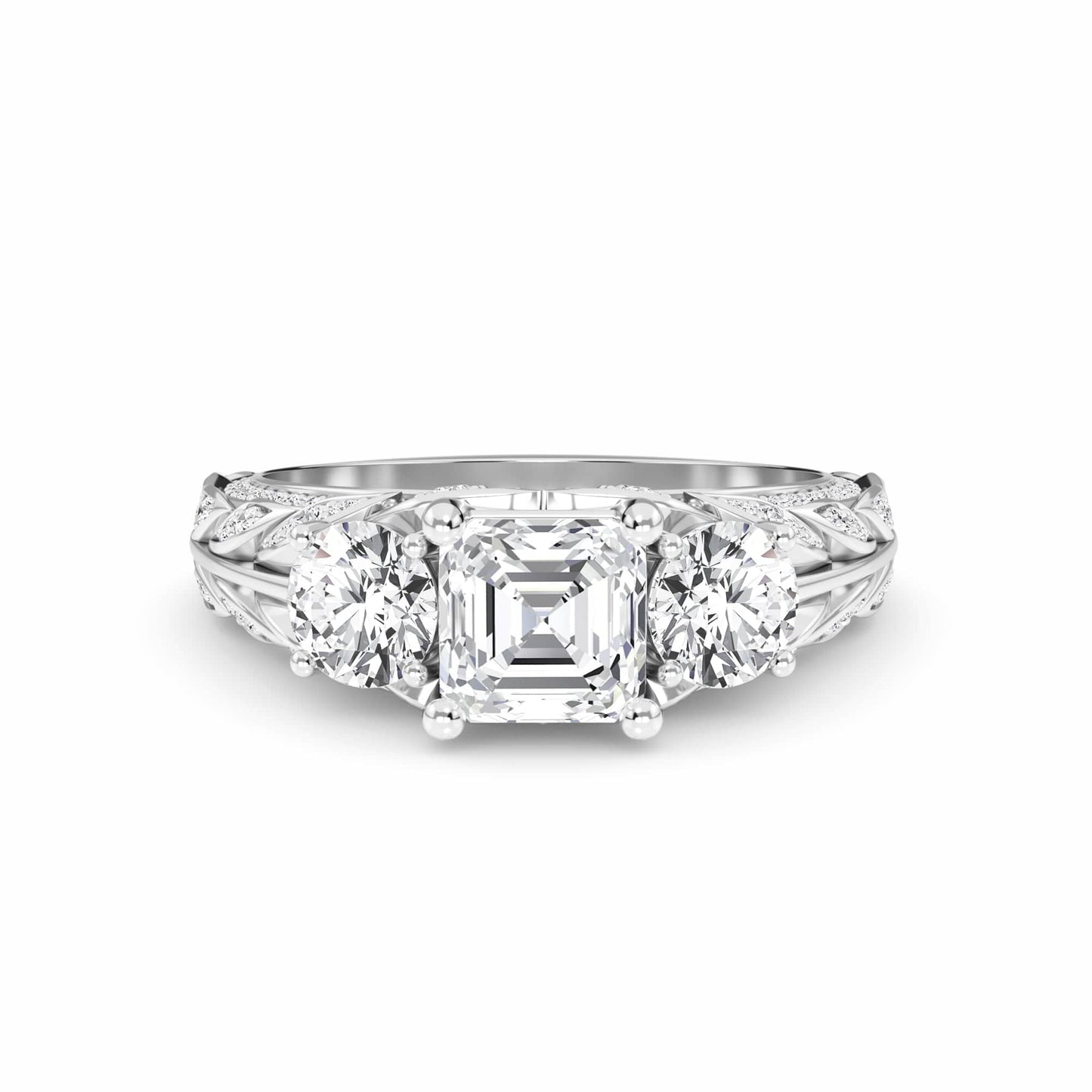 White Diamond Vintage-Inspired Three-Stone Ring - Riley - 18K White Gold - 0.610 Carat Asscher Diamond