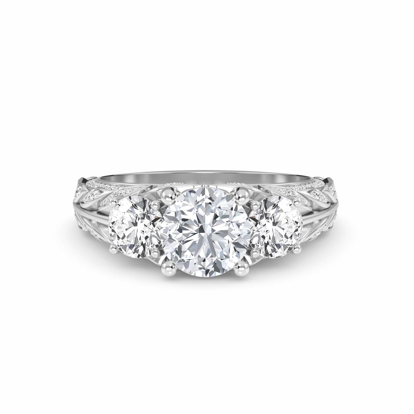 White Diamond Vintage-Inspired Three-Stone Ring - Riley - 18K White Gold - 0.310 Carat Round Diamond