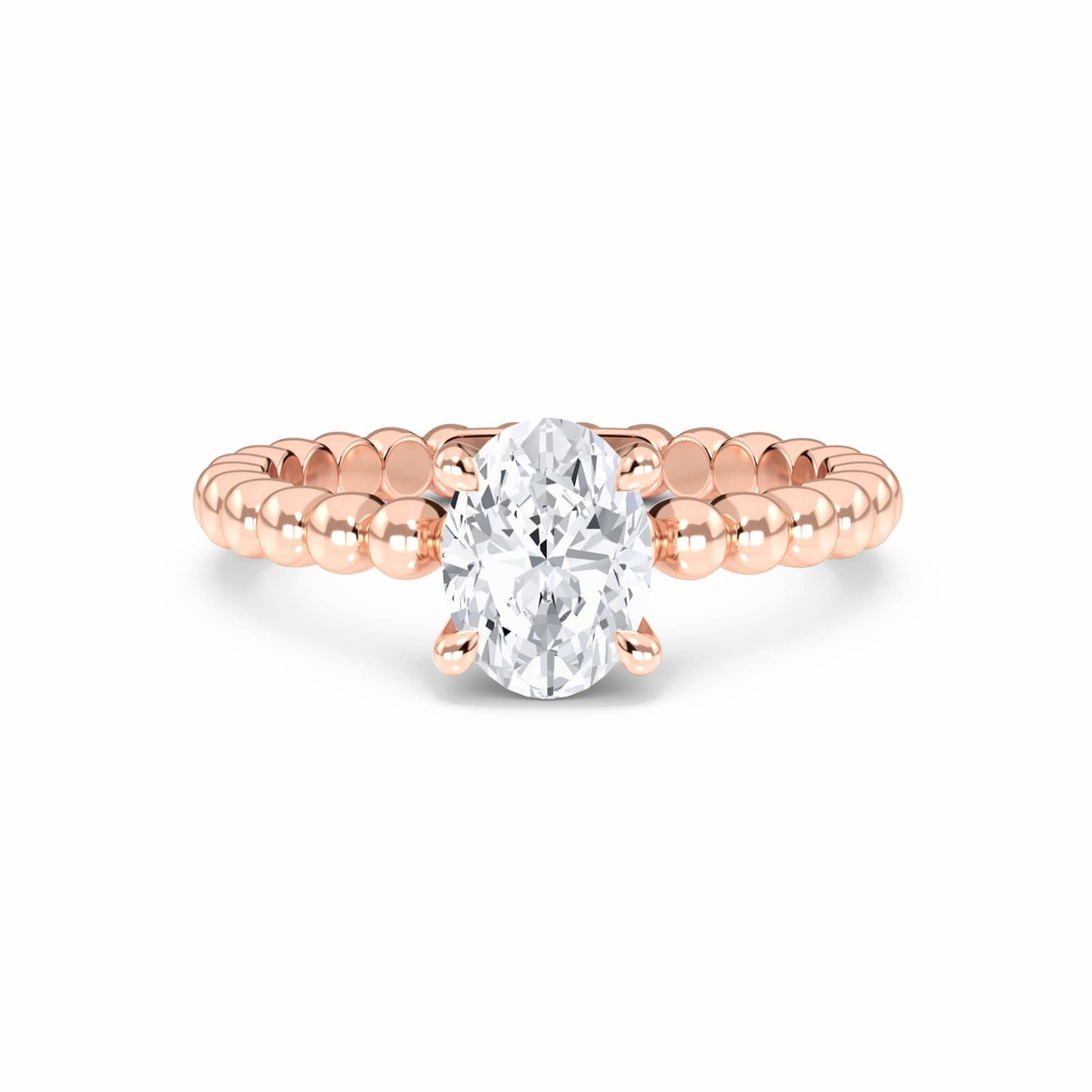 White Diamond Beaded Solitaire Engagement Ring - Rayna - 18K Rose Gold - 0.700 Carat Oval Diamond
